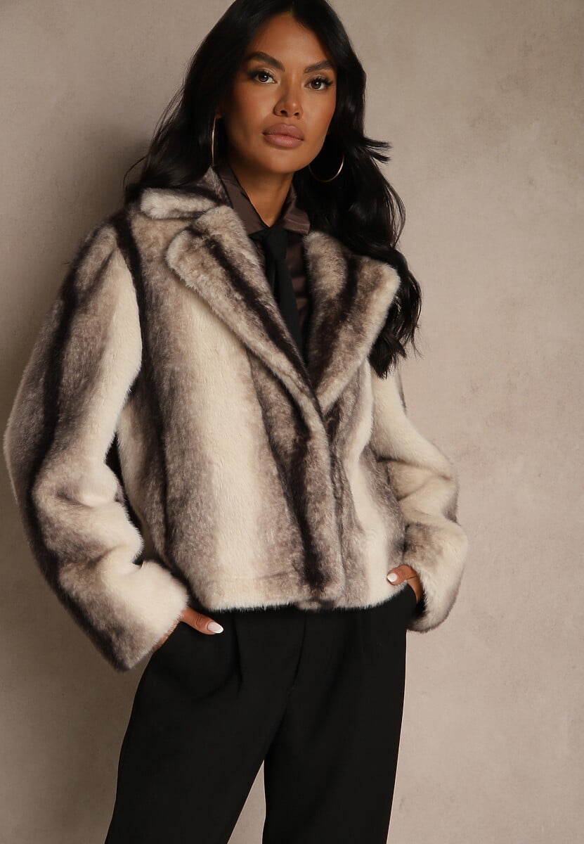 Beżowa Krótka Kurtka Futerko o Jednorzędowym Kroju Lanella