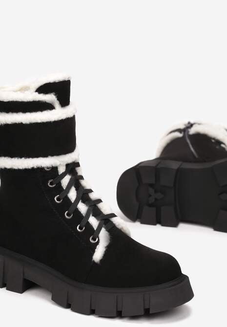 Czarno-Beżowe Botki Workery z Futrzanymi Lamówkami Freekolo