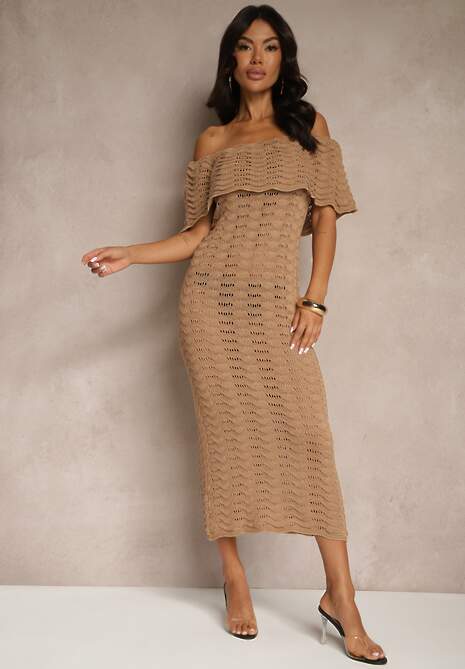 Ciemnobeżowa Sukienka Hiszpanka z Ażurowej Tkaniny z Ozdobnym Dekoltem Filadella