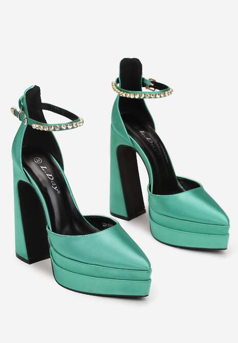 Zielone Satynowe Czółenka na Słupku i Platformie Darlo