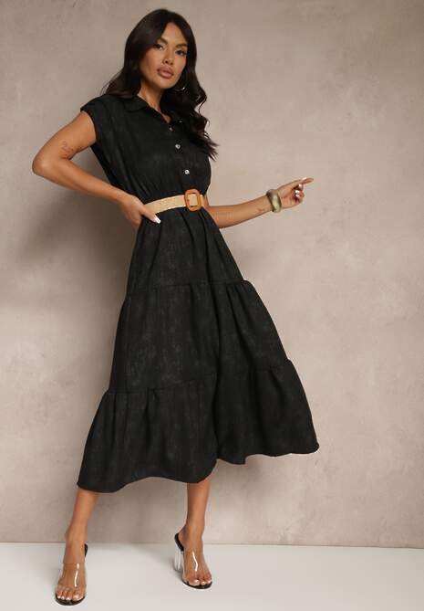 Czarna Sukienka z Guzikami i Paskiem z Plecionki Fillona