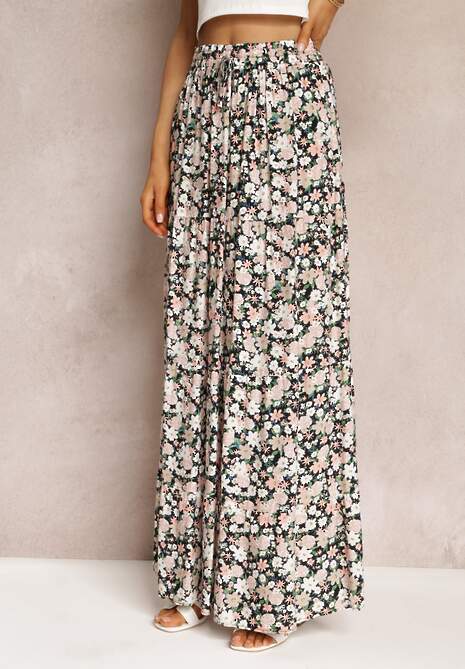 Czarno-Różowa Bawełniana Spódnica Maxi z Troczkiem i Printem w Kwiaty Yibji