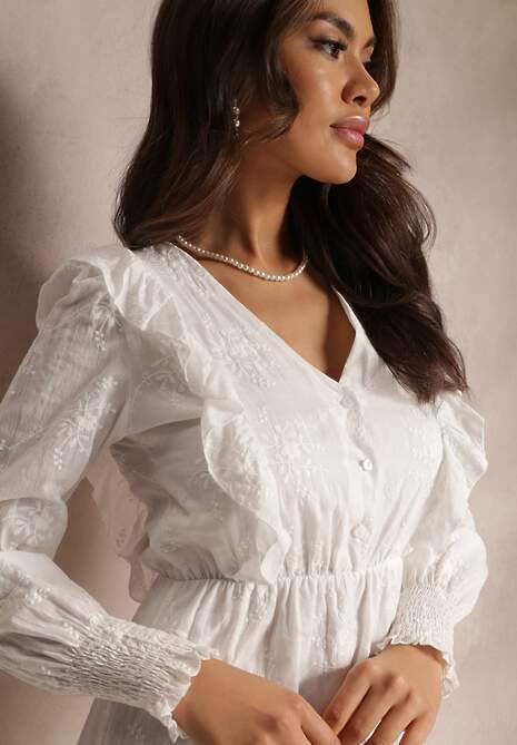 Biała Haftowana Sukienka z Gumką w Pasie i Falbankami Caceida