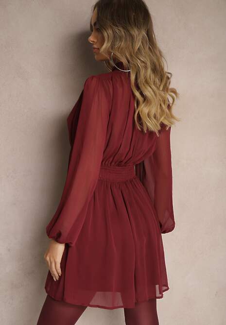 Bordowa Rozkloszowana Sukienka z Półprzeźroczystymi Wstawkami i Stójką Gelabine