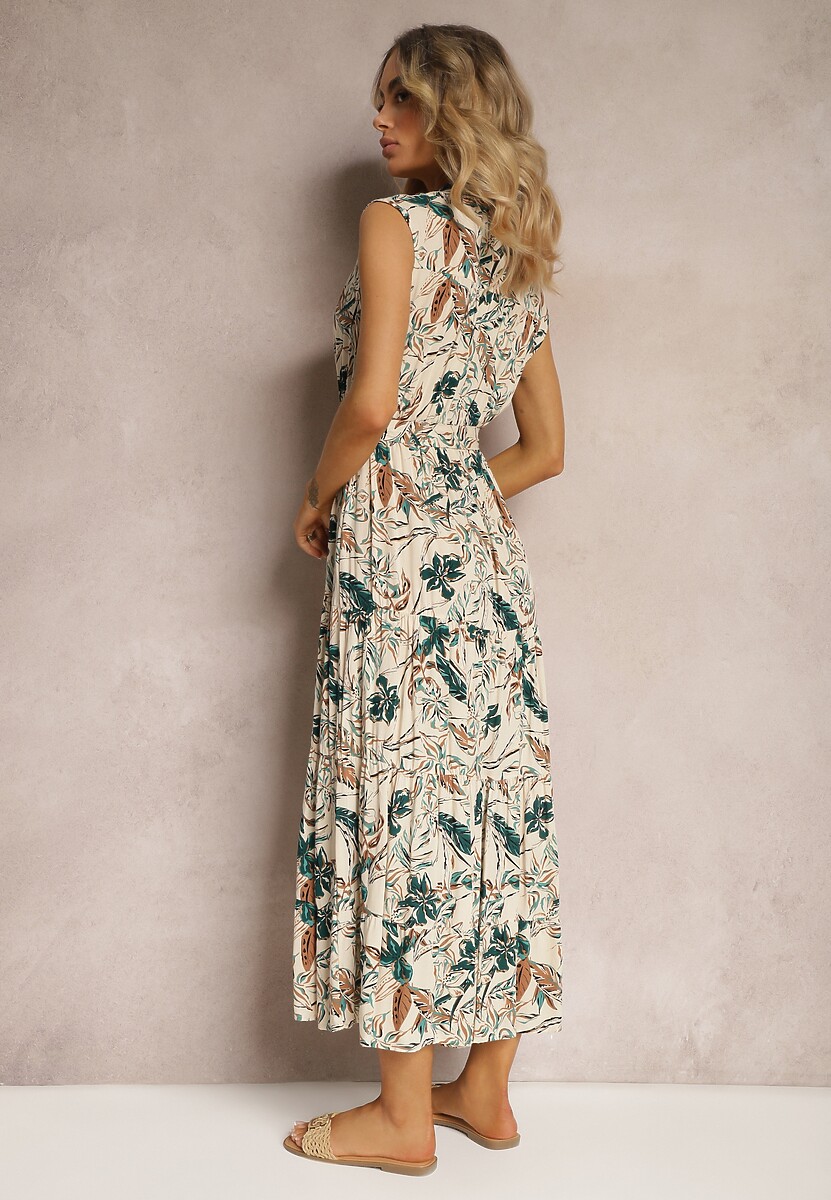 Beżowo-Zielona Sukienka z Wiskozy Zapinana na Guziki z Gumką w Pasie i Materiałowym Paskiem Zefalia