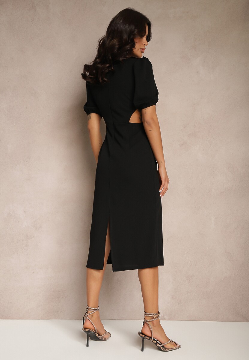 Czarna Dopasowana Sukienka Zdobiona Marszczeniem i Wycięciem w Pasie Desariel