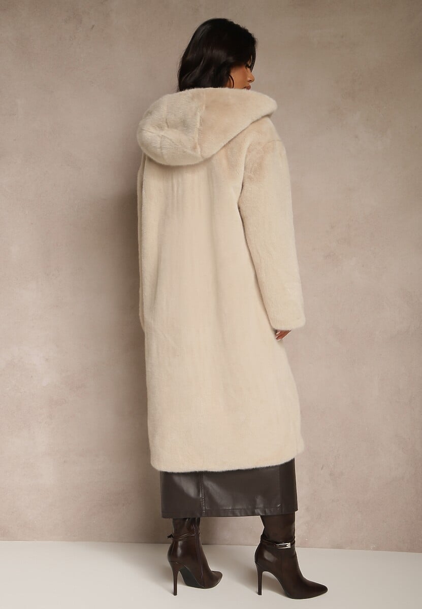 Beżowy Płaszcz z Pluszowego Futerka z Kapturem Zereva