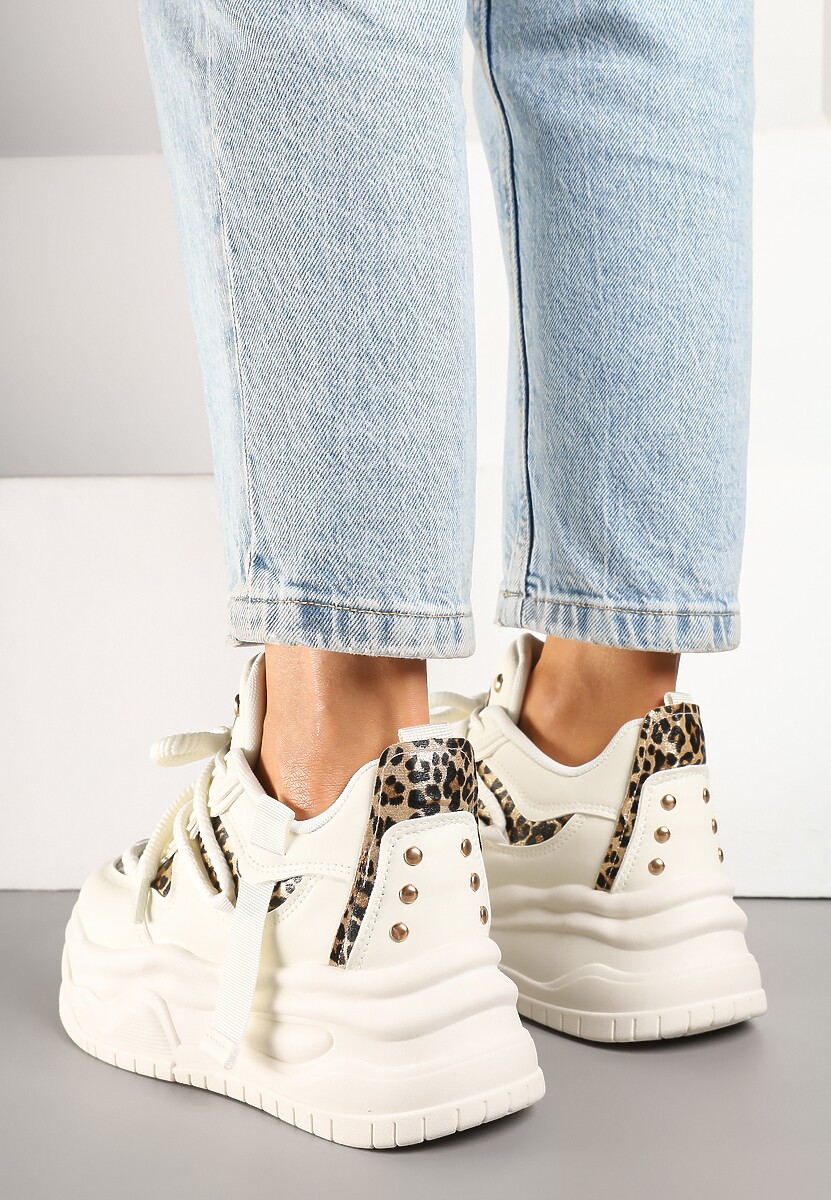 Beżowo-Panterkowe Sneakersy w Streetwearowym Stylu na Tłoczonej Platformie z Brokatem Mailienne