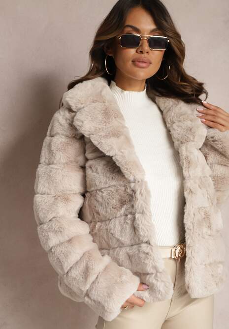 Beżowa Futrzana Kurtka z Wywiniętym Kołnierzem Snaline