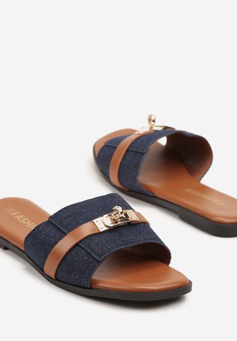 Granatowe Klapki z Kwadratowym Noskiem i Metaliczną Aplikacją Morwia