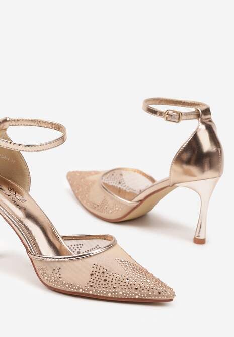 Szampańskie Sandały Szpilki z Siateczkowym Noskiem w Szpic Zdobionym Cyrkoniami Alirenda