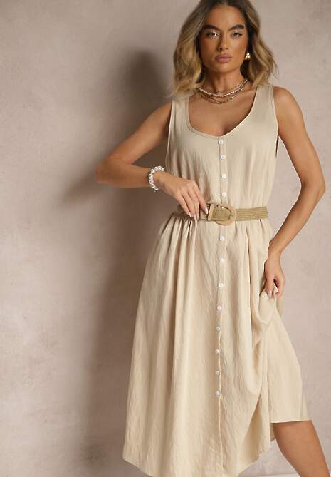 Beżowa Rozkloszowana Sukienka z Wiskozy Ozdobiona Guzikami Nataviela