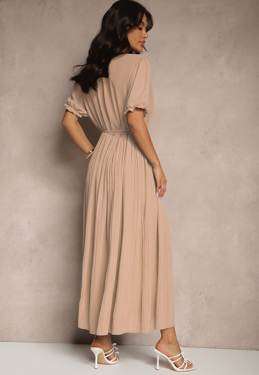 Beżowa Sukienka z Bawełną Ozdobiona Kopertowym Dekoltem i Paskiem Grellevia