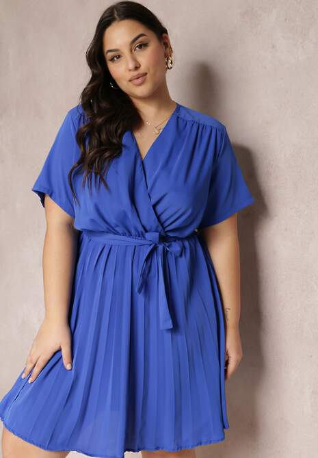 Niebieska Sukienka z Gumką w Pasie i Kopertowym Dekoltem Azrah