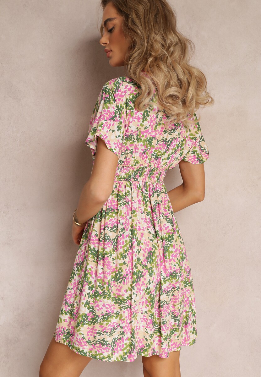 Różowa Rozkloszowana Sukienka Mini z Krótkimi Rękawami z Wiskozy Greenley