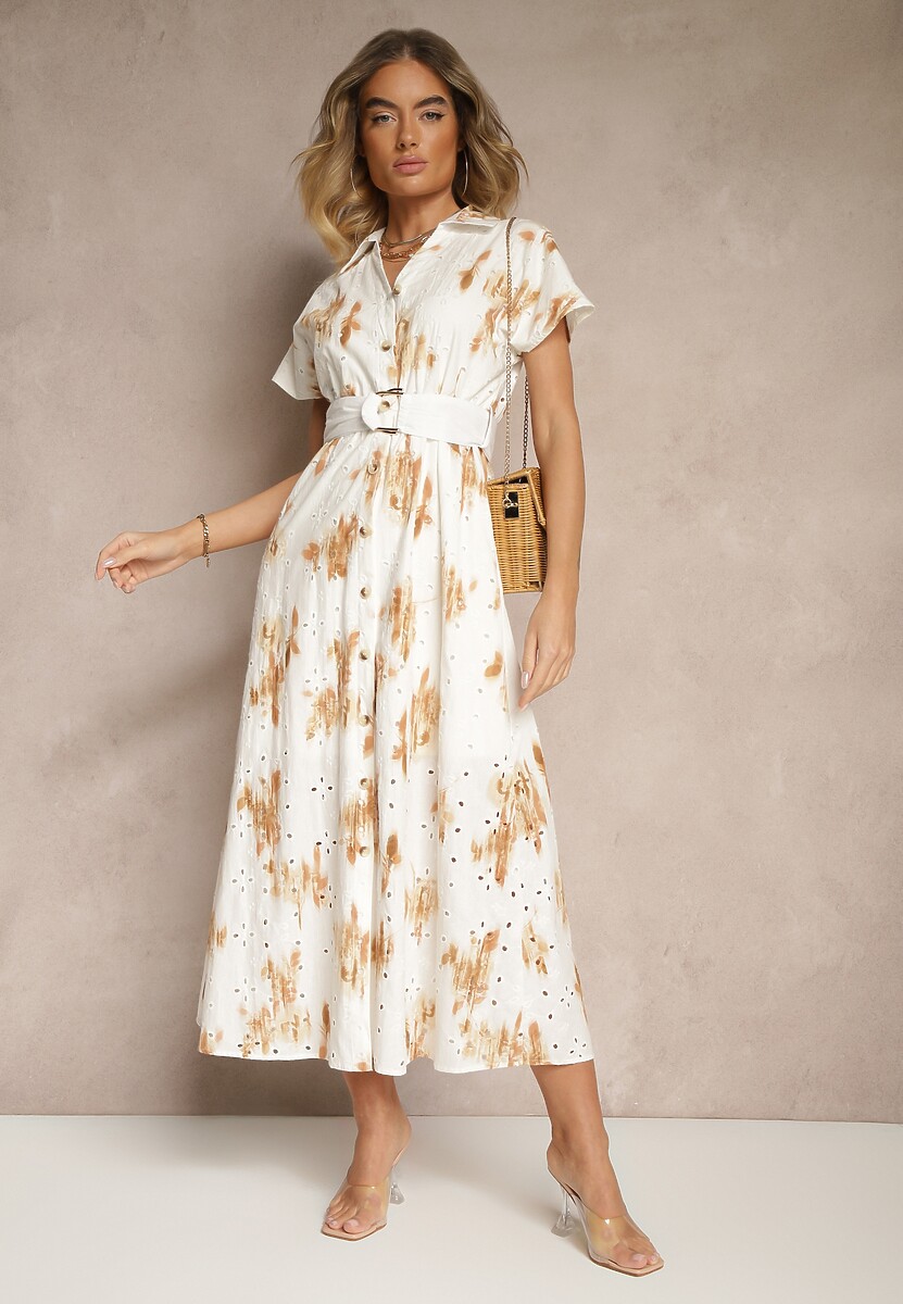 Biało-Pomarańczowa Bawełniana Sukienka z Ażurowym Zdobieniem o Koszulowym Kroju z Paskiem Velpio