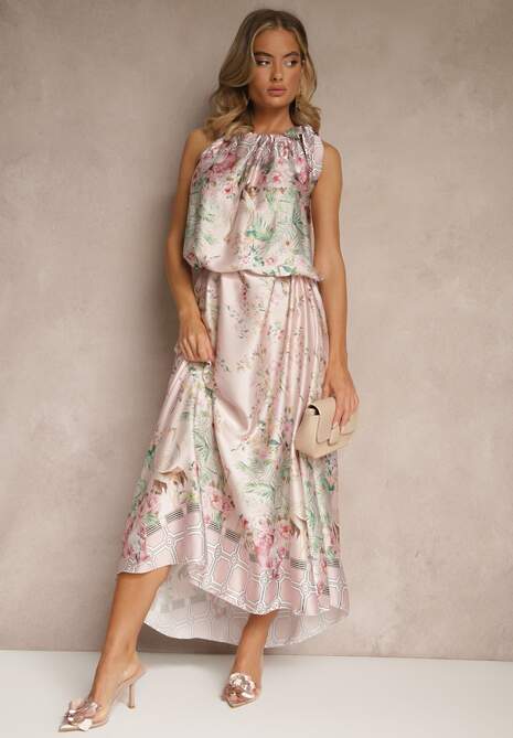 Jasnoróżowa Sukienka z Satyny Zdobiona Kwiatowym Wzorem i Wiązaniem Fenalesa