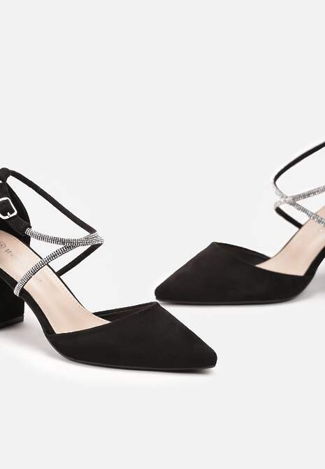 Czarne Czółenka na Słupku z Noskiem w Szpic z Ozdobnymi Cyrkoniami i Sprzączką Trelive