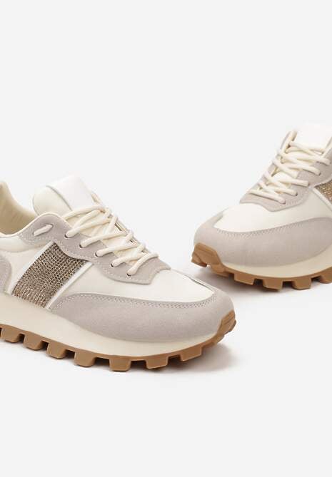 Beżowe Sneakersy z Szerokim Protektorem i Brokatową Naszywką Thesalia