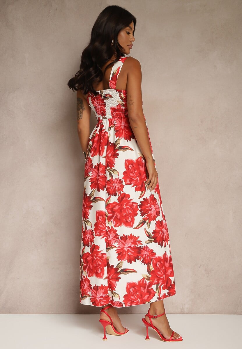 Czerwona Sukienka z Wiskozą o Rozkloszowanym Kroju z Kwiatami Nilestra