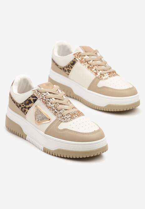 Ciemnobeżowe Sneakersy z Perforacją Cyrkoniami i Brokatem Tillidara