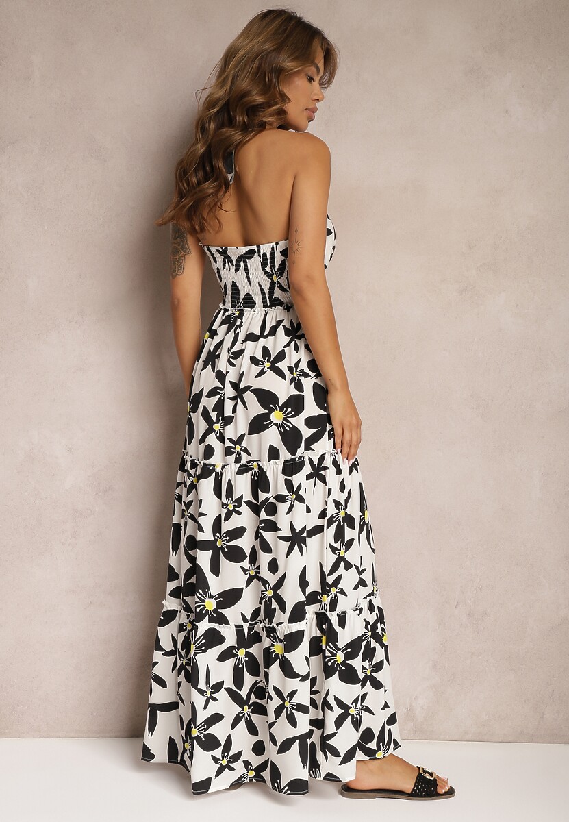 Biało-Czarna Sukienka z Kopertowym Dekoltem i Gumką w Talii Wiązana na Szyi Vikillaia