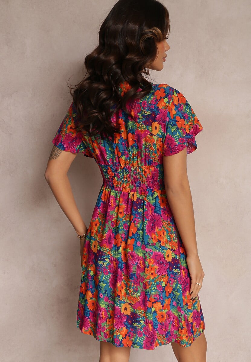 Różowo-Granatowa Krótka Sukienka w Kwiaty z Szeroką Gumką w Pasie Meles