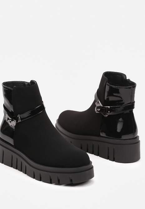 Czarne Botki na Platformie w Stylu Sztybletów Ozdobione Klamrą i Paskiem Gigita