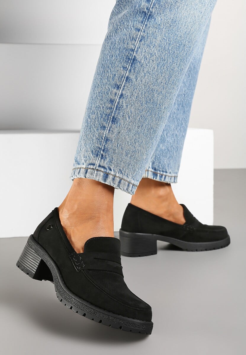 Czarne Półbuty Mokasyny na Słupku Ozdobione Paskiem Lorinnara