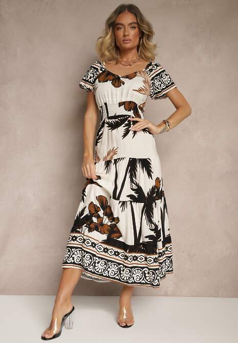 Czarna Sukienka Rozkloszowana z Wiskozy w Boho Wzór Elliseira