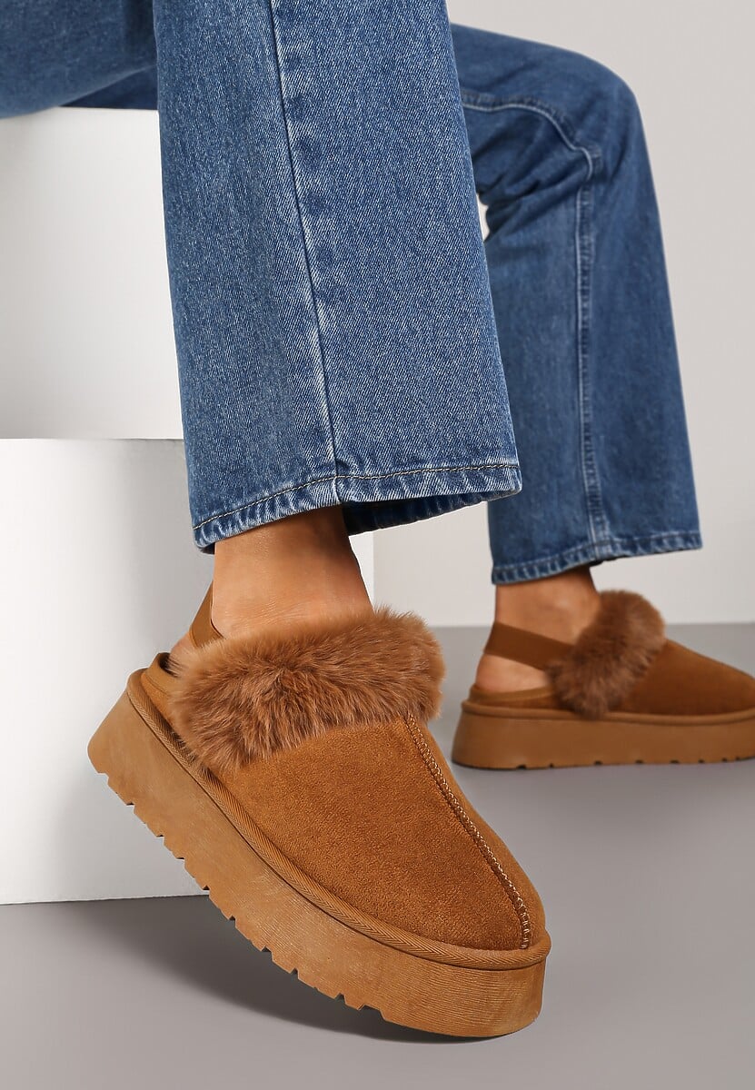 Brązowe Śniegowce z Ekozamszu na Platformie z Odkrytą Piętą i Futrzaną Wstawką Norwenna