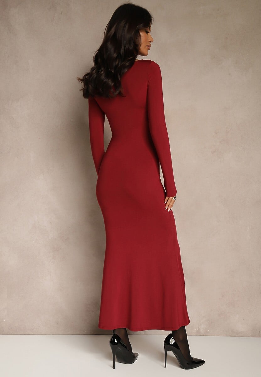 Bordowa Sukienka Koktajlowa z Wiskozą Ozdobiona Metaliczną Aplikacją Refane