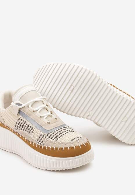 Beżowe Casualowe Sneakersy z Wiązaniem na Wzorzystej Grubej Podeszwie Aniata