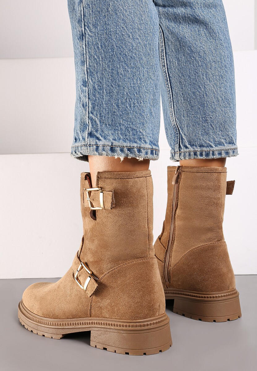 Brązowe Botki z Ekozamszu ze Stylowymi Klamrami i Paseczkami przy Cholewce Nevalune
