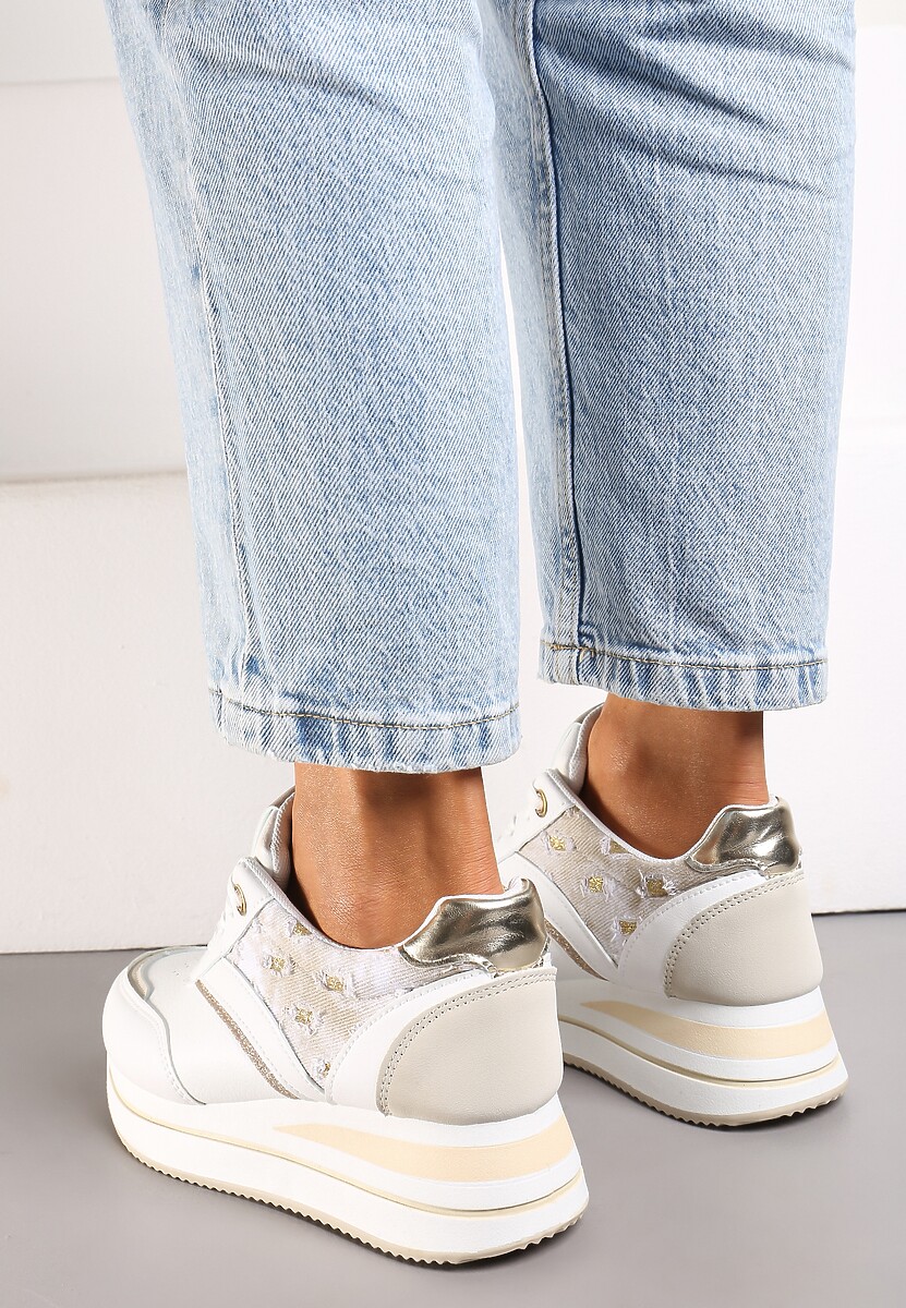 Biało-Beżowe Sznurowane Sneakersy z Ekoskóry z Błyszczącymi Wstawkami Fiviara