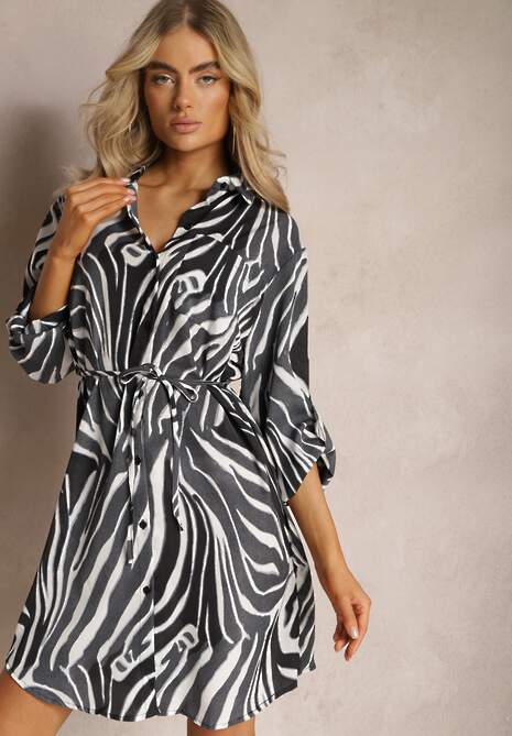Czarna Koszulowa Sukienka Mini w Paski Zebry Elariama