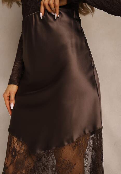 Brązowa Koktajlowa Spódnica z Satyny z Koronką Avelori