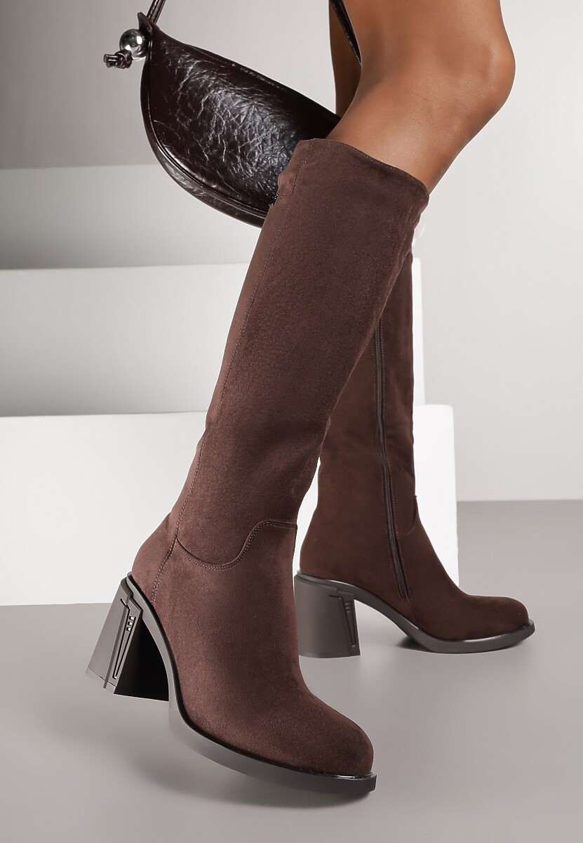 Ciemnobeżowe Kozaki na Słupku w Stylu Muszkieterek Cediara