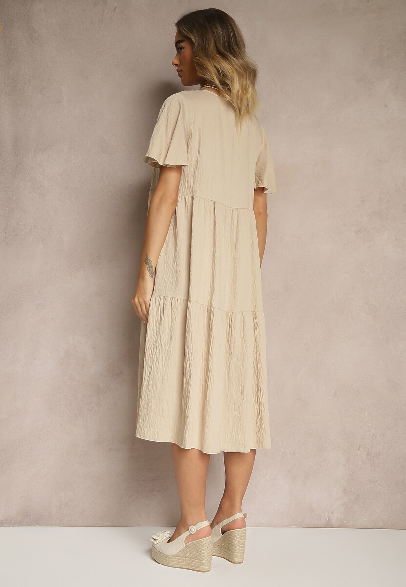 Jasnobeżowa Rozkloszowana Sukienka z Wiskozy z Dekoltem w Serek Natasella