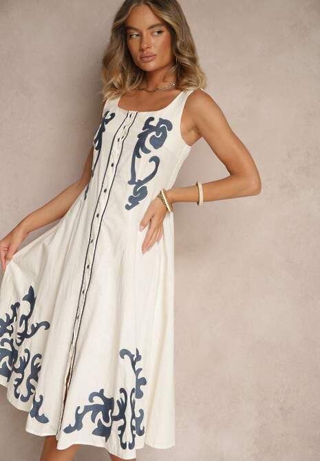 Beżowa Bawełniana Sukienka z Guzikami i Haftami Milonellea