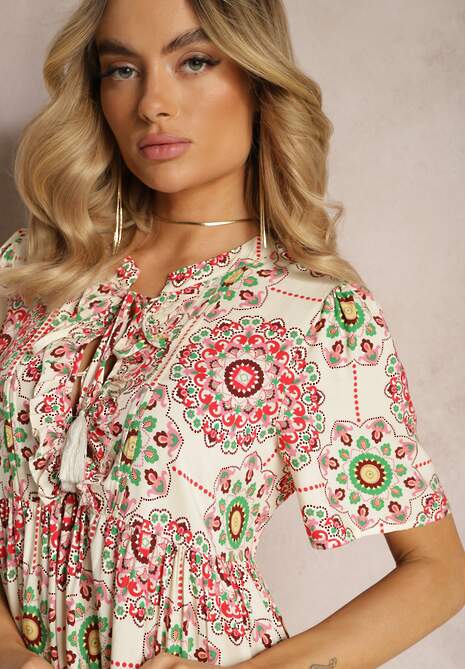 Czerwona Sukienka z Wiskozowej Tkaniny w Mozaikowy Wzór Boho Naviera