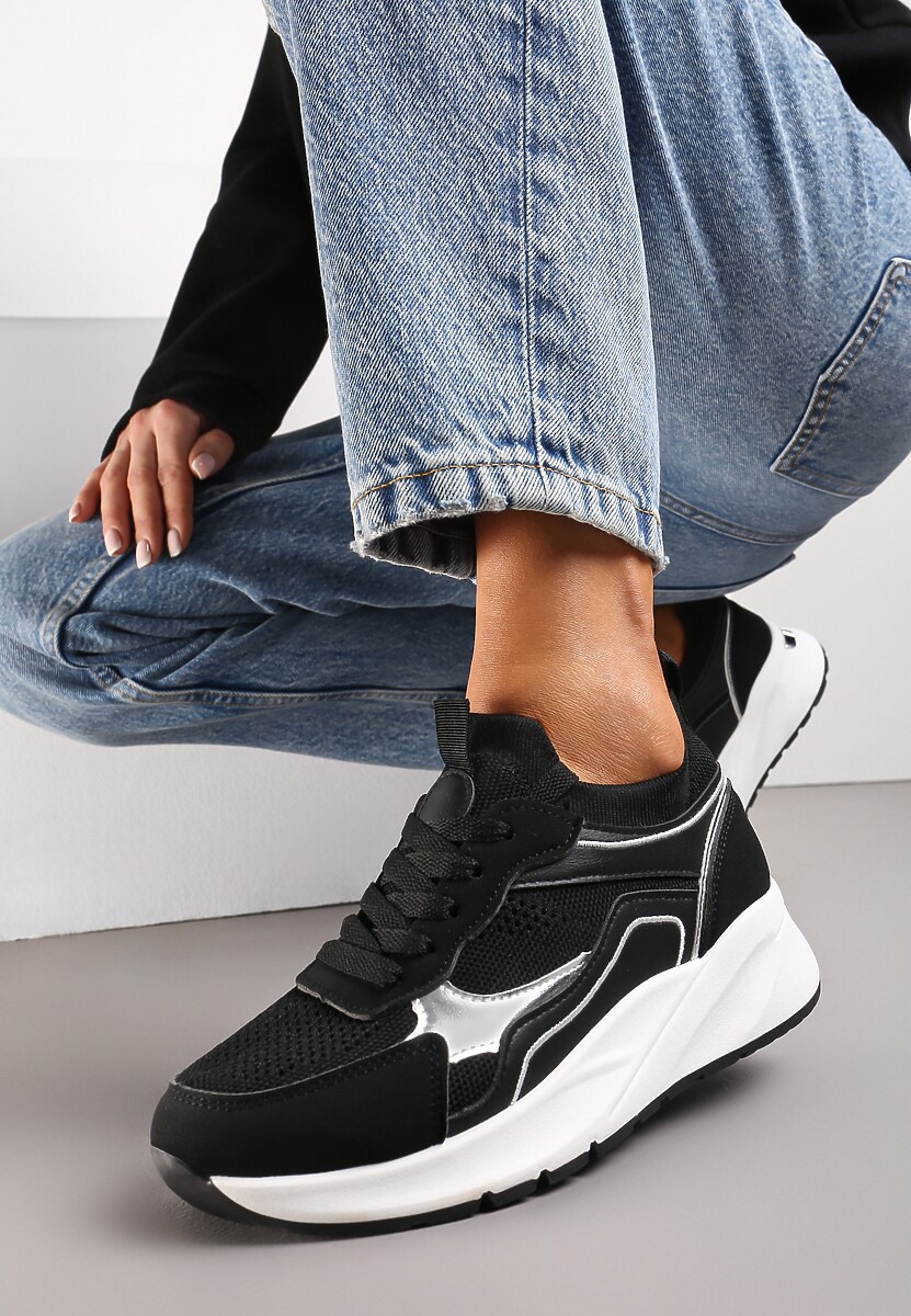 Czarne Sznurowane Sneakersy na Grubej Podeszwie z Błyszczącymi Wstawkami Nithirela