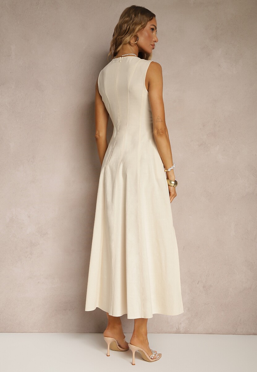 Jasnobeżowa Sukienka z Wiskozą o Rozkloszowanym Kroju Bez Rękawów Barneria