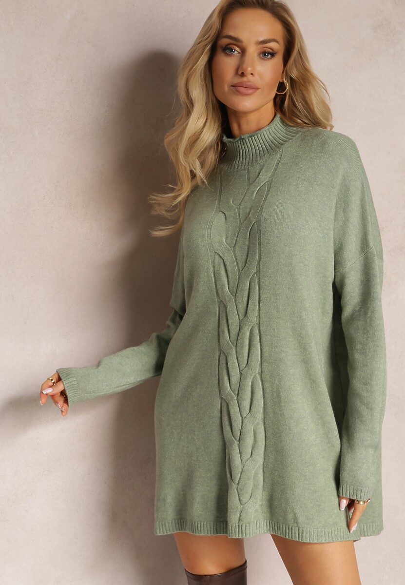 Jasnozielony Sweter z Golfem Oversize z Ozdobnym Splotem i Wiskozą Varela