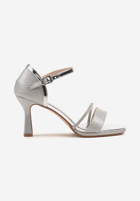 Srebrne Sandały na Szpilce Vices Ozdobione Cyrkoniami i Brokatem Lenallis