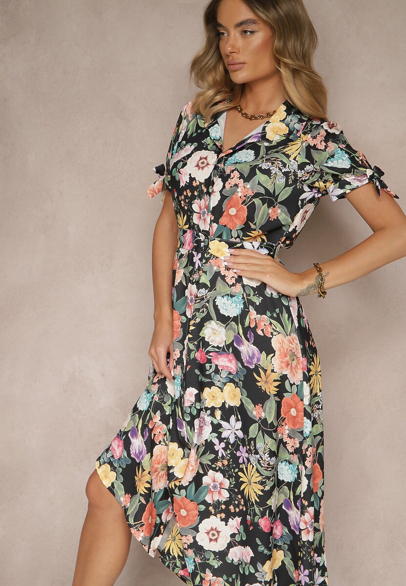 Granatowa Koszulowa Sukienka w Kwiaty o Rozkloszowanym Fasonie z Paskiem Fevalirra