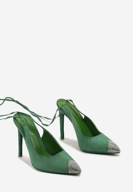 Zielone Sandały z Noskiem Ozdobionym Cyrkoniami i Wiązaniem wokół Łydki na Szpilce Hlienoma