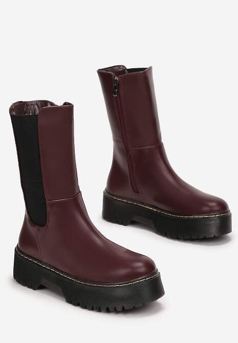 Bordowe Botki na Grubej Podeszwie Howon