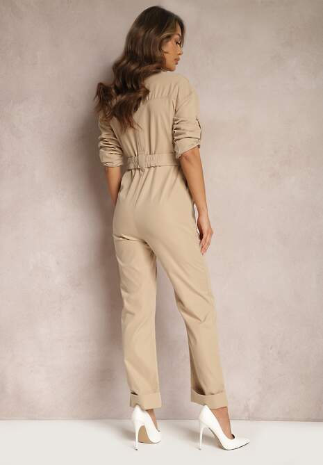 Ciemnobeżowy Kombinezon Utility z Szerokimi Nogawkami i Paskiem Pireval