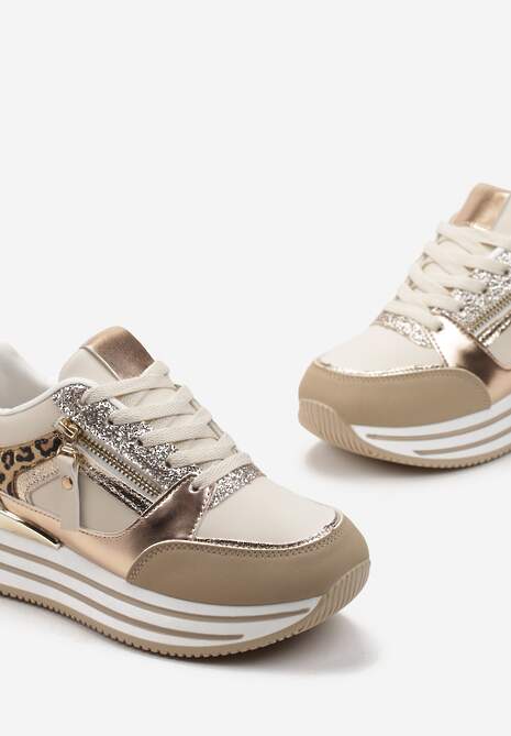 Ciemnobeżowe Brokatowe Sneakersy na Grubej Podeszwie ze Sznurowaniem i Suwakiem Irollia